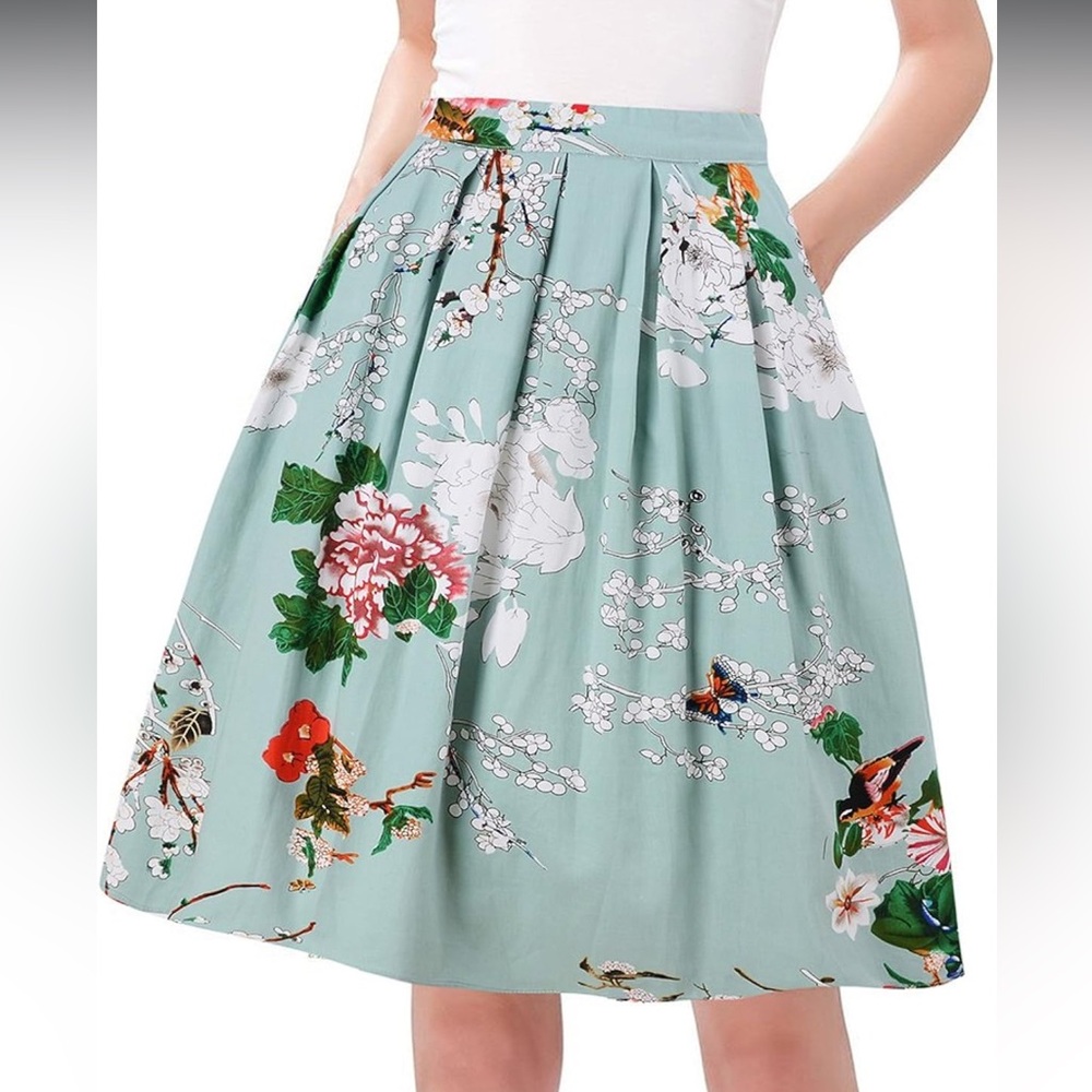 Taydey A-Line Pleated Vintage Floral Print Skirt